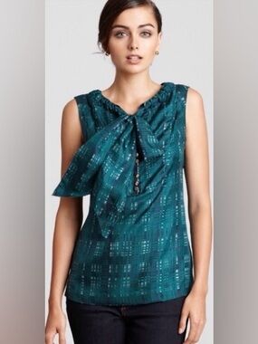 Tory Burch Silk Plaid Bow-Neck Sleeveless Blouse